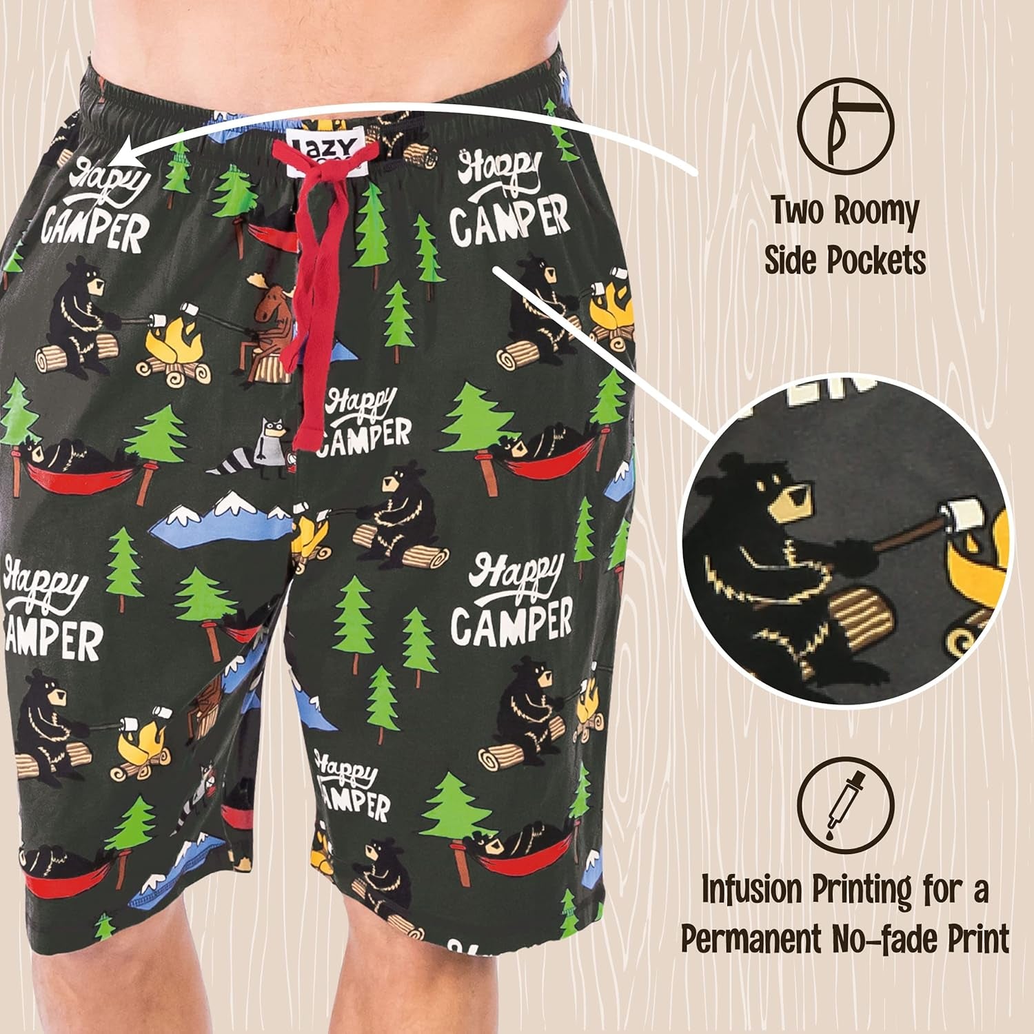 Cozy Men's Pajama Shorts - Happy Camper Sleepwear with Bear & Moose Design, Perfect for Campfire Nights (Large)