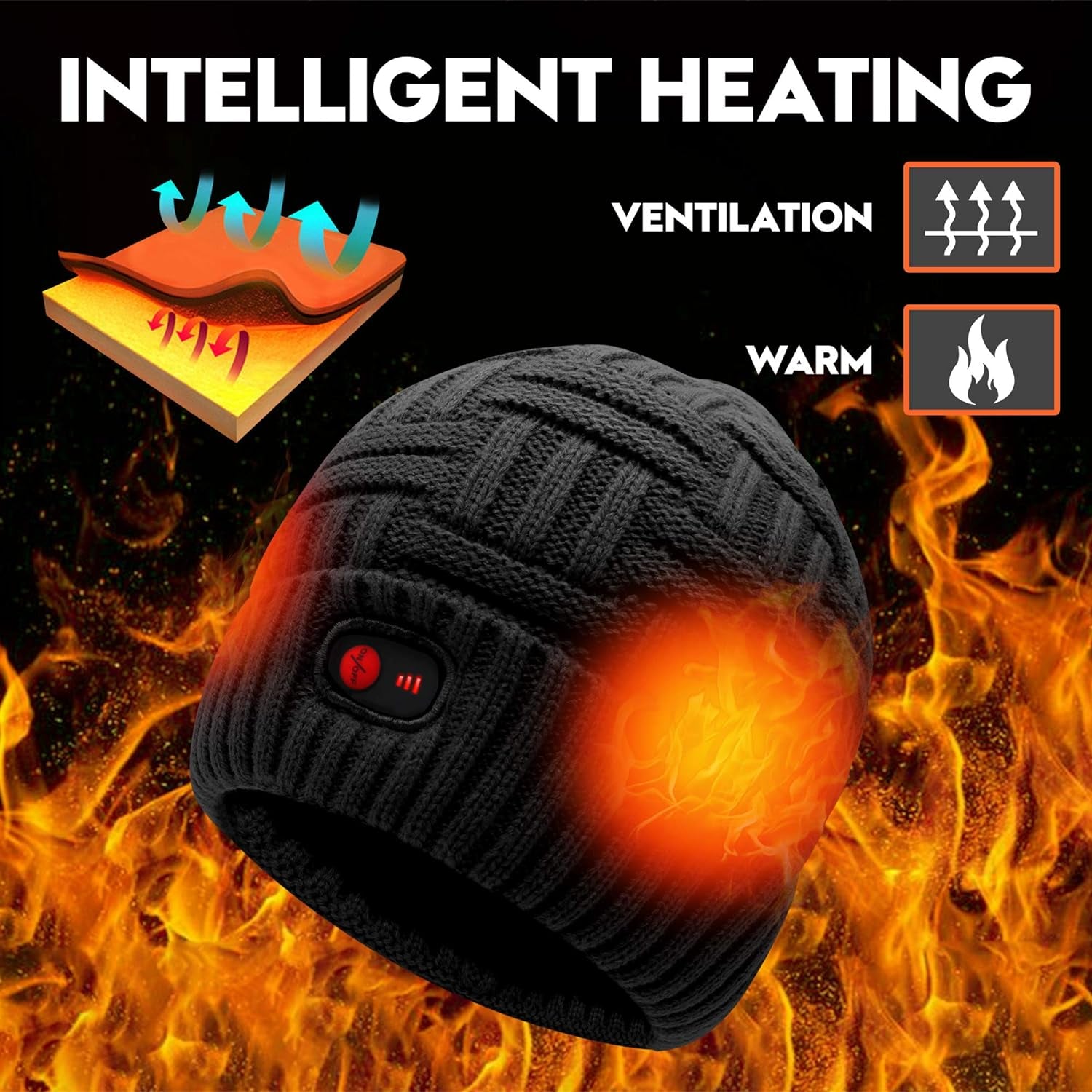 Rechargeable 7.4V Heated Beanie for Men & Women - Winter Warm Electric Knitted Skull Cap