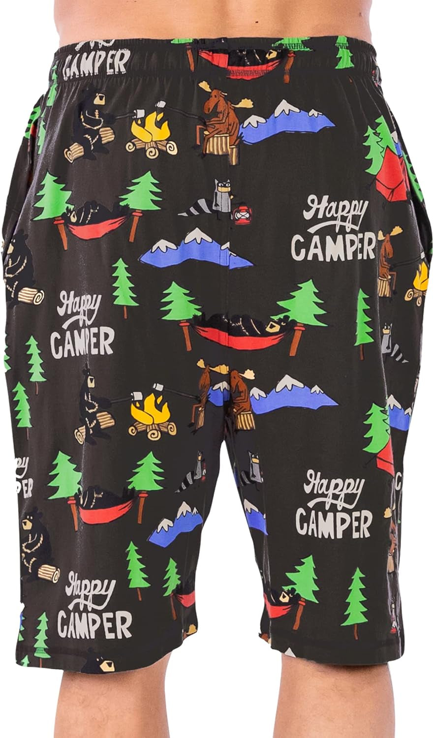 Cozy Men's Pajama Shorts - Happy Camper Sleepwear with Bear & Moose Design, Perfect for Campfire Nights (Large)