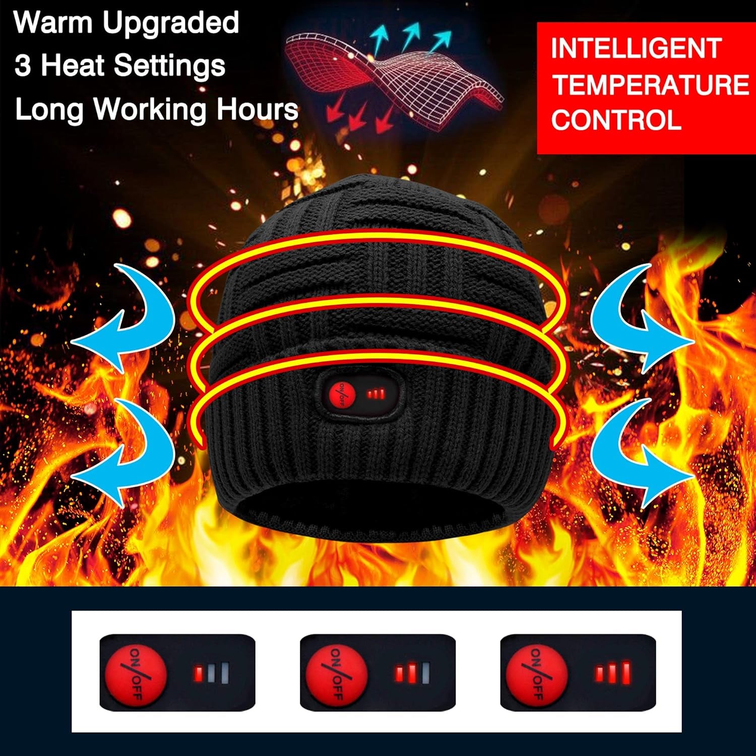 Rechargeable 7.4V Heated Beanie for Men & Women - Winter Warm Electric Knitted Skull Cap