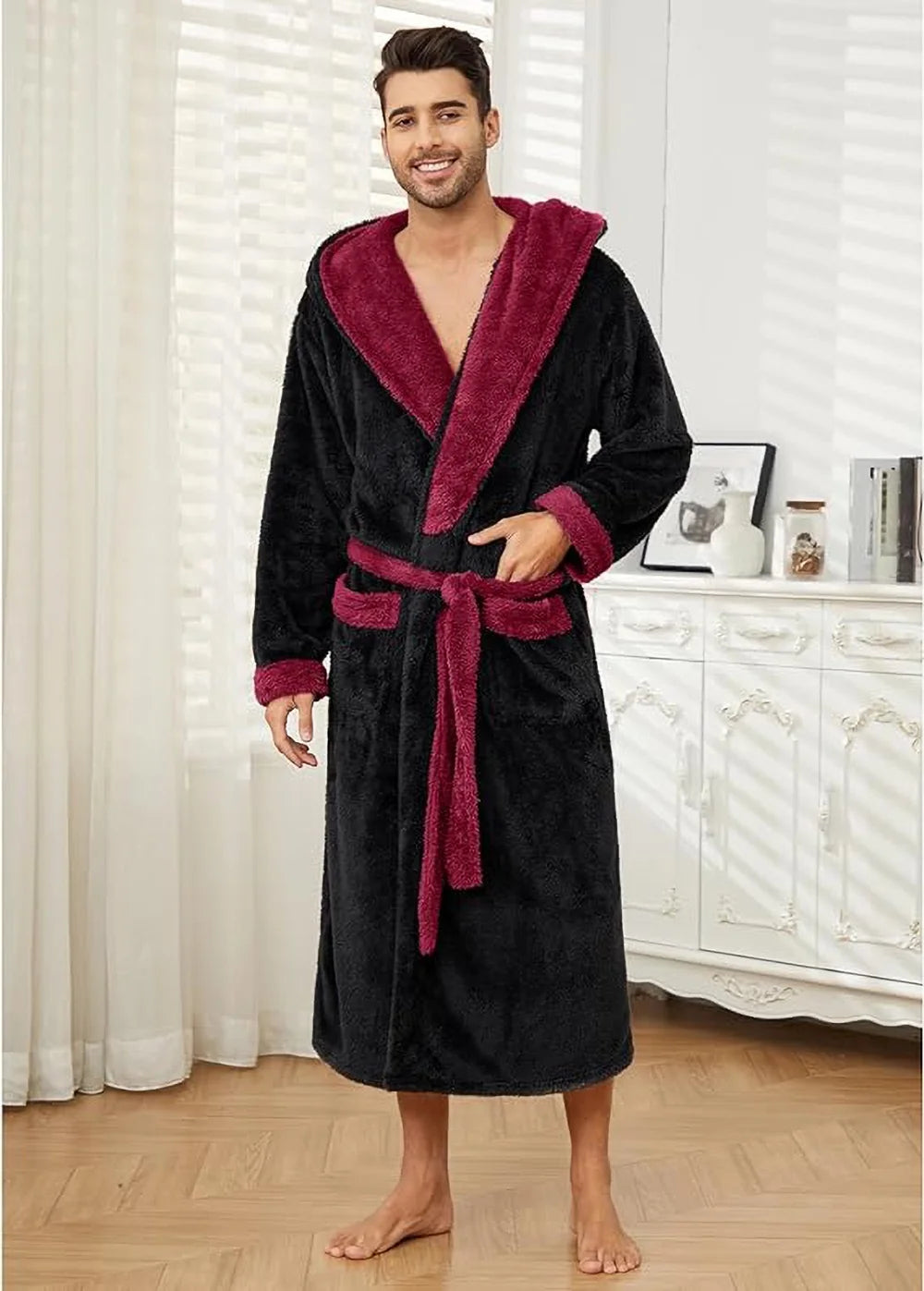 Luxurious Men's Hooded Plush Robe - Big & Tall Full Length Fleece Bathrobe in Burgundy/Black (Large-X-Large)