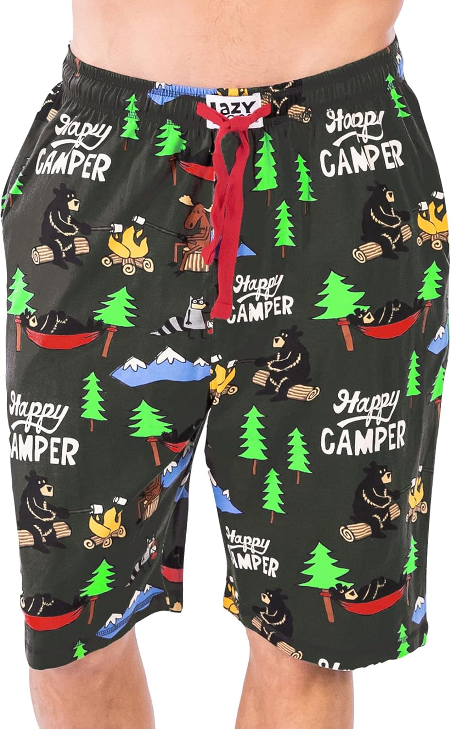 Cozy Men's Pajama Shorts - Happy Camper Sleepwear with Bear & Moose Design, Perfect for Campfire Nights (Large)