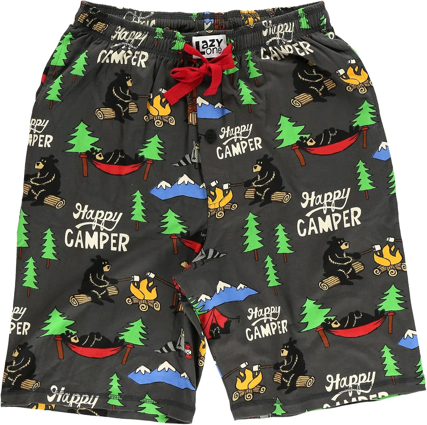 Cozy Men's Pajama Shorts - Happy Camper Sleepwear with Bear & Moose Design, Perfect for Campfire Nights (Large)