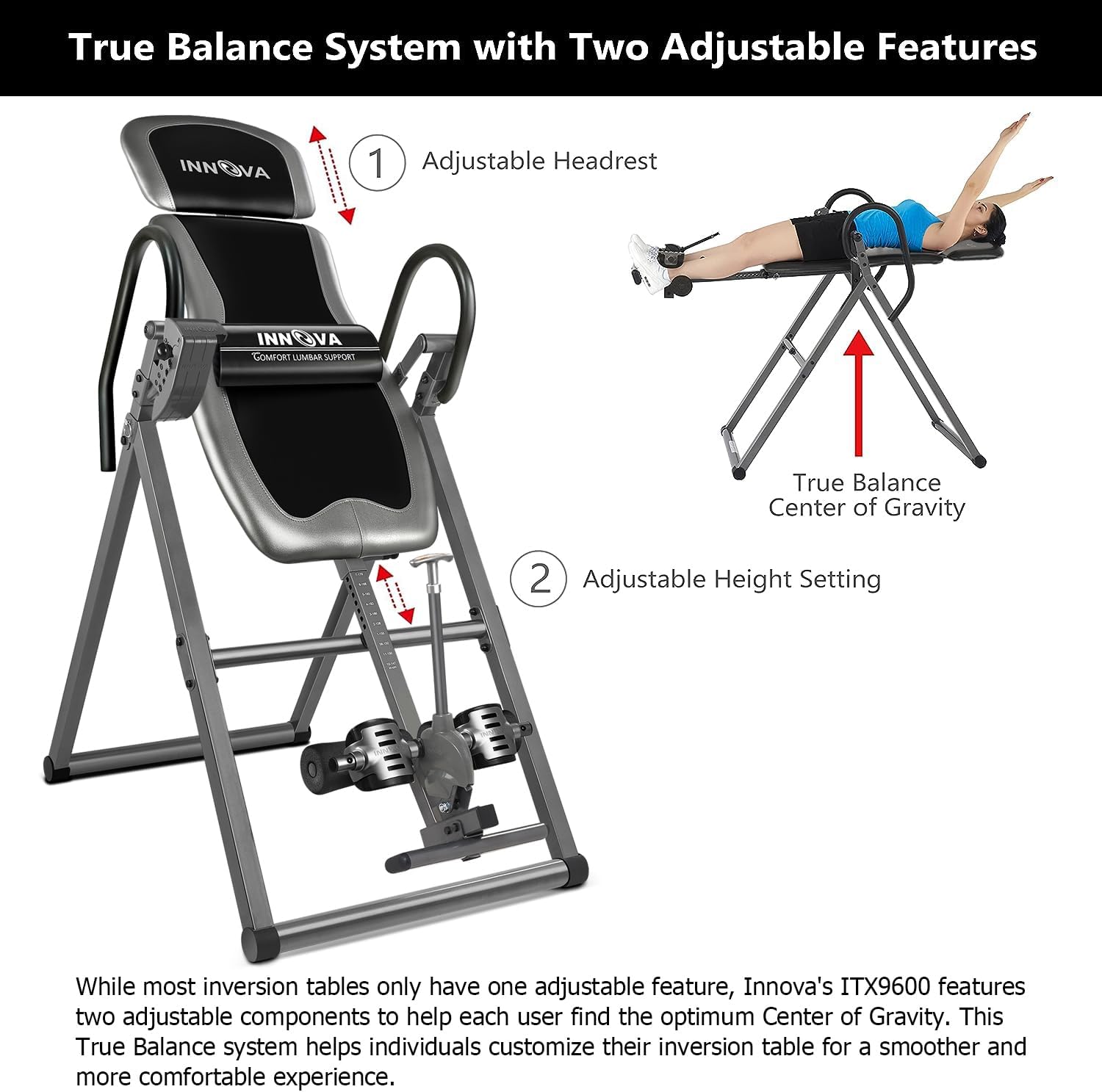 Innova Inversion Table - Adjustable Headrest, Reversible Ankle Holders, 300 lb Capacity for Ultimate Comfort and Support