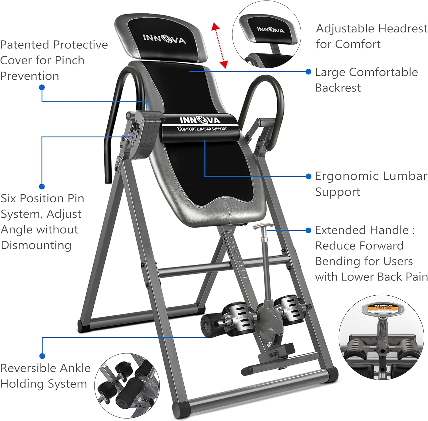 Innova Inversion Table - Adjustable Headrest, Reversible Ankle Holders, 300 lb Capacity for Ultimate Comfort and Support