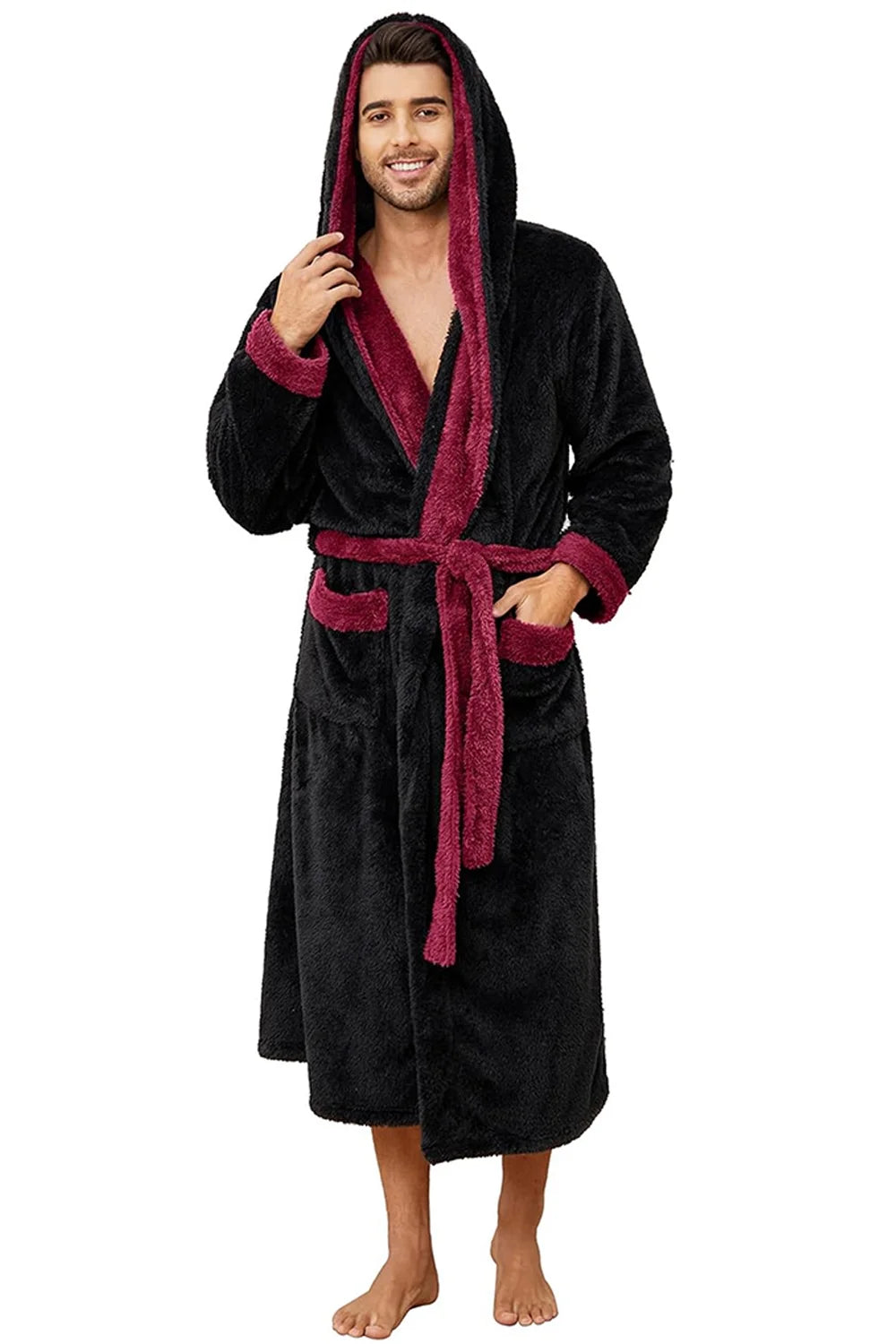 Luxurious Men's Hooded Plush Robe - Big & Tall Full Length Fleece Bathrobe in Burgundy/Black (Large-X-Large)