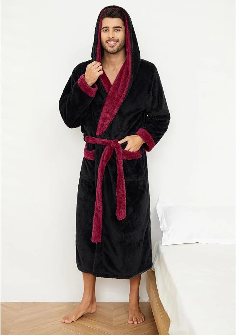 Luxurious Men's Hooded Plush Robe - Big & Tall Full Length Fleece Bathrobe in Burgundy/Black (Large-X-Large)