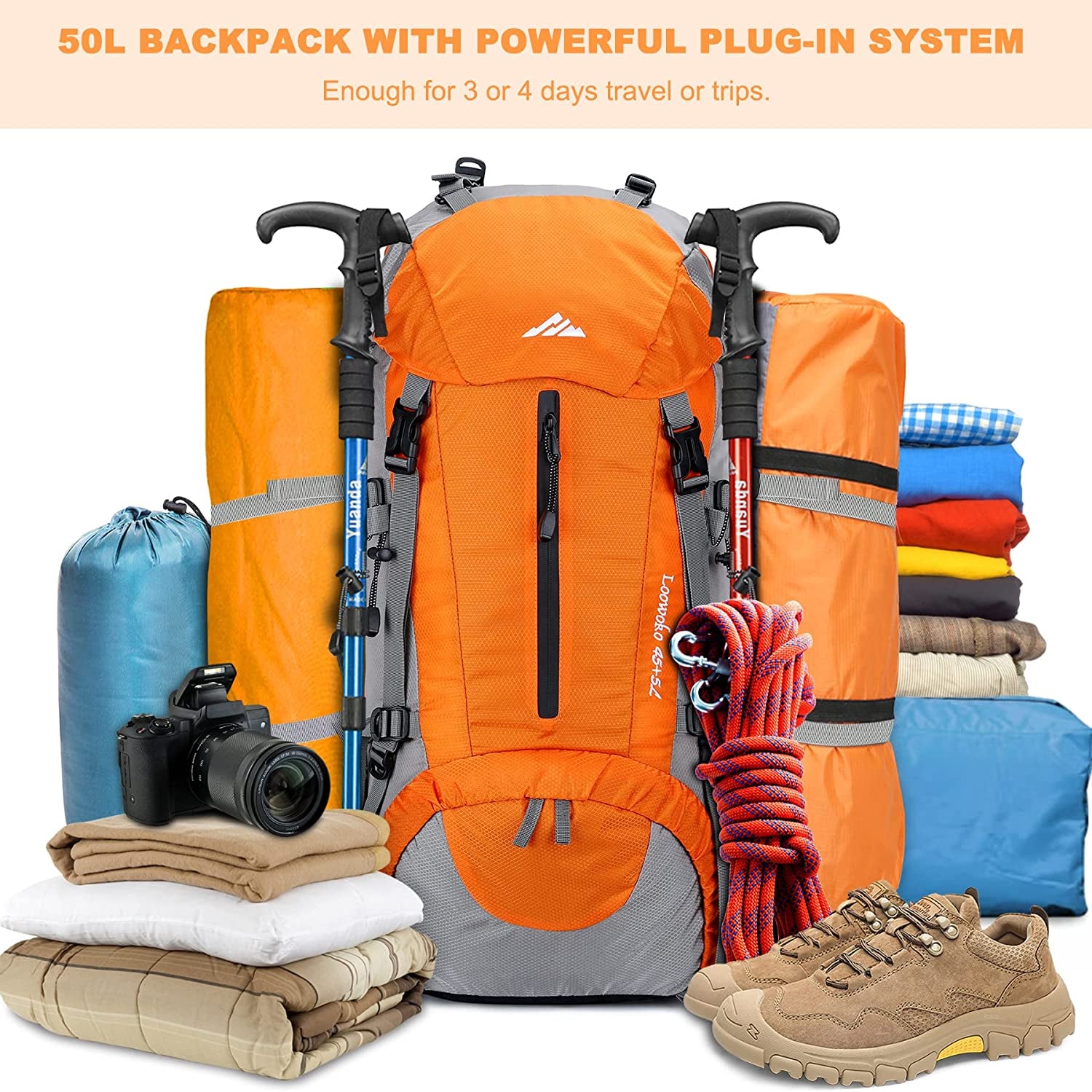 50L Waterproof Hiking Backpack with Rain Cover - Lightweight 45+5L Camping Essentials Bag