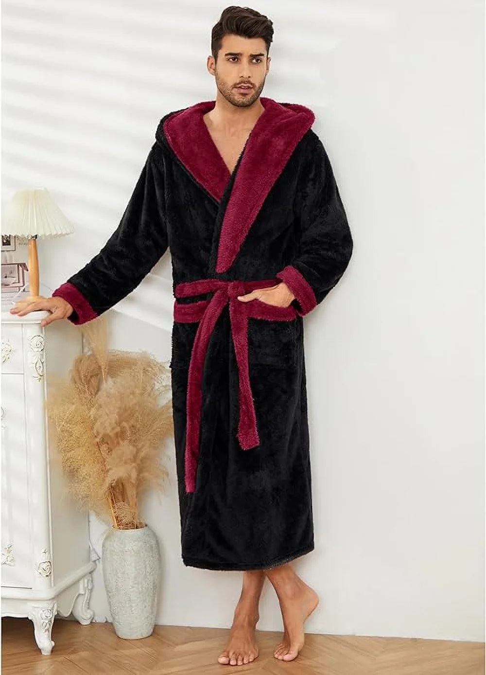 Luxurious Men's Hooded Plush Robe - Big & Tall Full Length Fleece Bathrobe in Burgundy/Black (Large-X-Large)