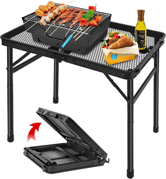 Portable Black Folding Grill Table with Mesh Surface - Perfect for Outdoor Cooking!