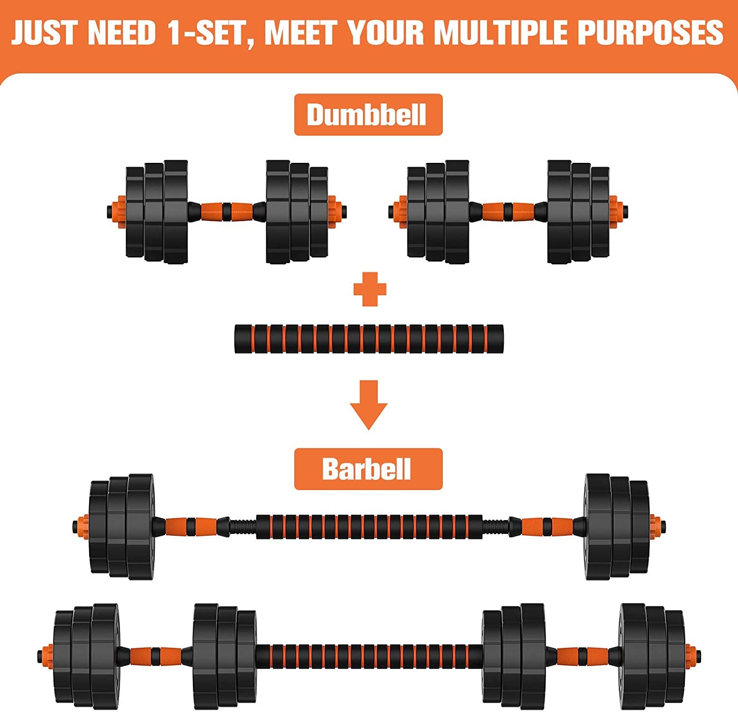 Versatile 44lbs Adjustable Dumbbell Set - 2-in-1 Barbell & Dumbbells for Home Gym Fitness - Non-Slip Neoprene Grip for Men & Women