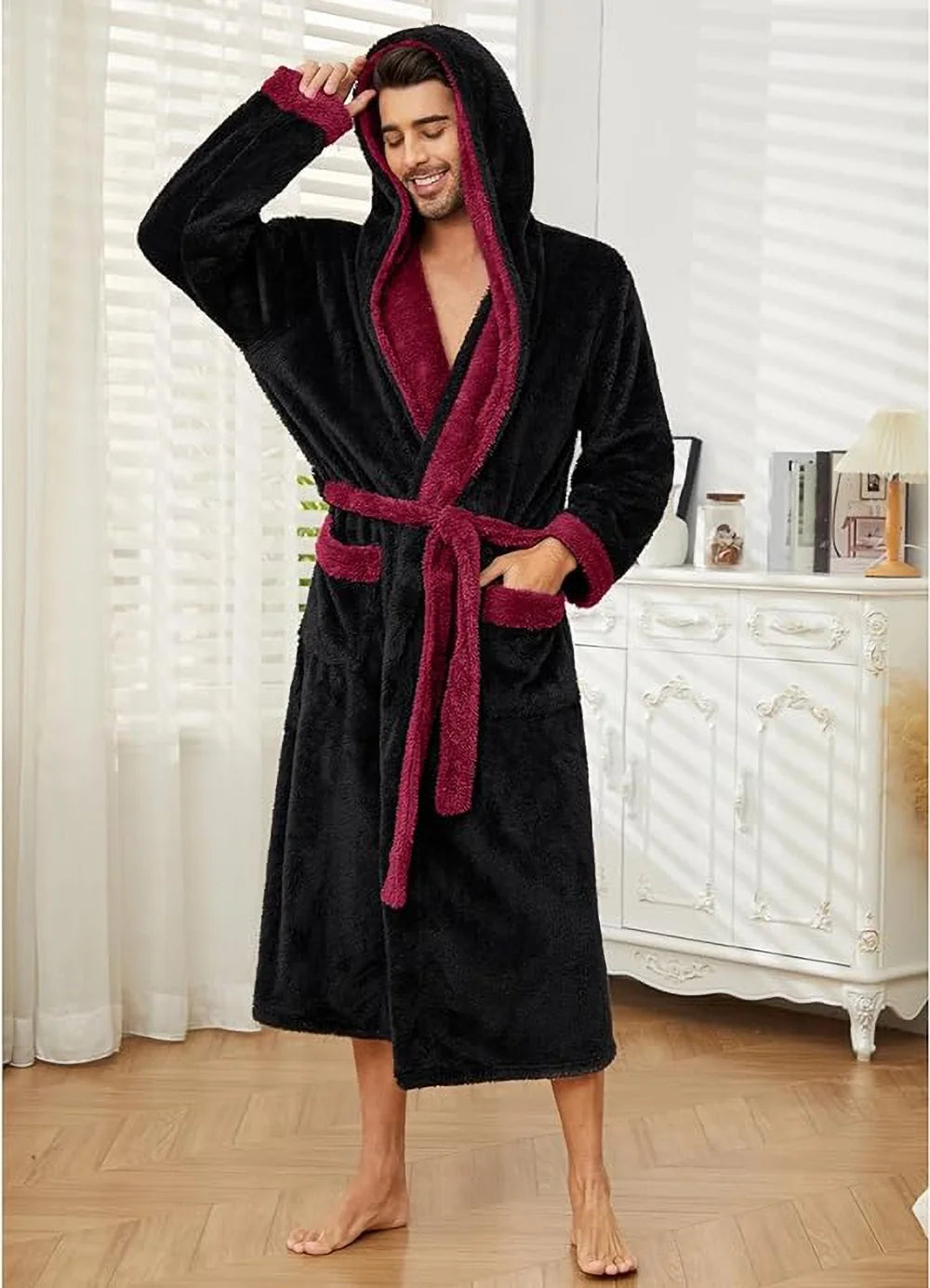 Luxurious Men's Hooded Plush Robe - Big & Tall Full Length Fleece Bathrobe in Burgundy/Black (Large-X-Large)